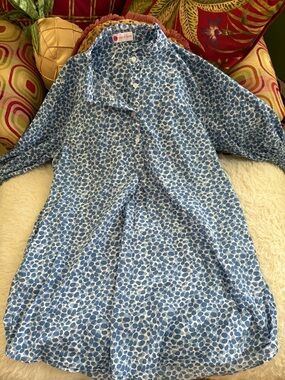 Caryn Lawn Ladies Preppy Dress in  blue and white with smocked cuff sleeves.